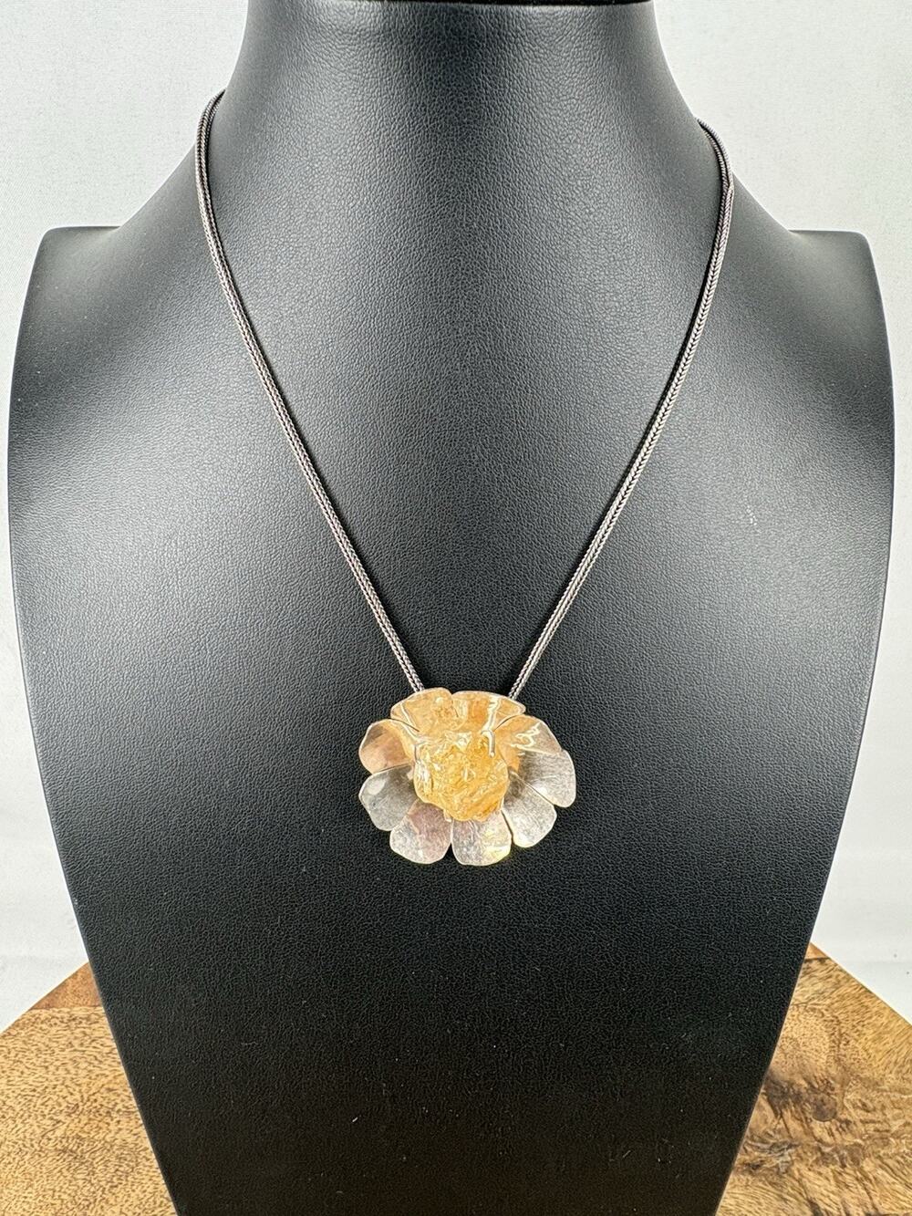 Vintage Boho Citrine Flower Pendant Necklace Sterling Silver 925 Raw Crystal